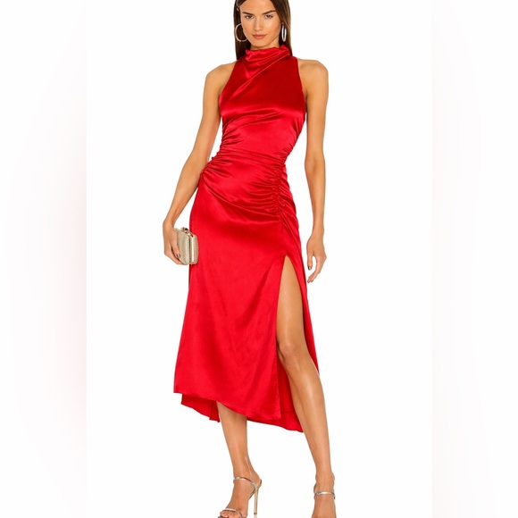 A.L.C. Red Satin High-Low Ruched Side-Slit Dress